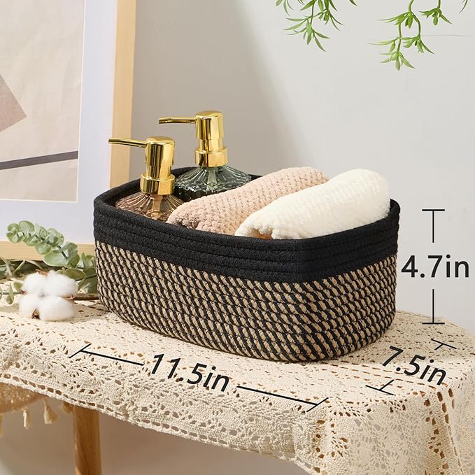 MiniArk Small Storage Baskets for Organizing | Closet Organizer Bins | Shelf Toy Basket | Woven Rope Baskets | Cube Decorative Box | Shallow Basket | 11.5x7.5x4.7” | 3 Packs Black Brown