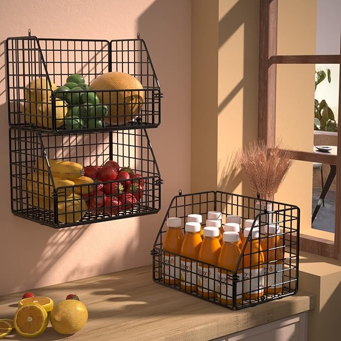 PUPPYCUTE Stackable Wire Storage Baskets for Kitchen Closet Pantry, Hanging Closet Organizers Storage Shelves Organization, Wall Mount Metal Basket Bins, Clothing Vegetable & Fruit Organizer 5 pcs