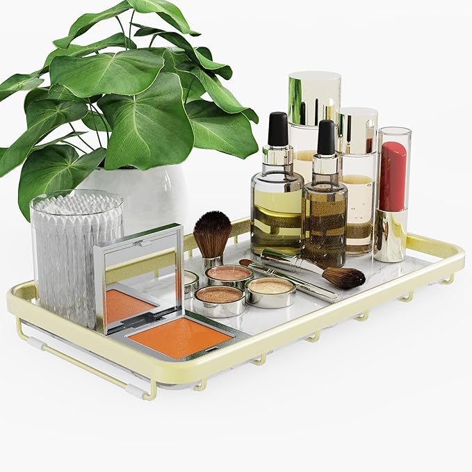 Counter Organizer for Bathroom, Kitchen or Coffee Bar, Metal Shelf with Faux Marble, Vanity Countertop Makeup Storage, Dresser Perfume Display Rack, Toilet Tank Tray (Matte Gold, 1-tier)
