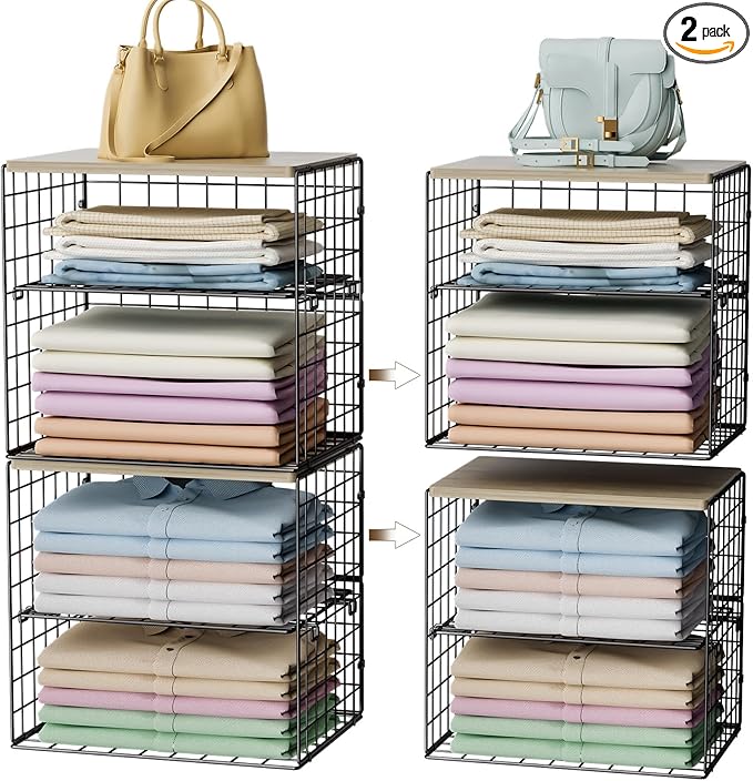 4-Tier Widened Closet Organizers and Storage, Extra Long Stackable Closet Shelf Organizer with Adjustable Dividers and Wood Top, Large Closet Storage Basket for Clothes, Jeans, Wardrobe Organization