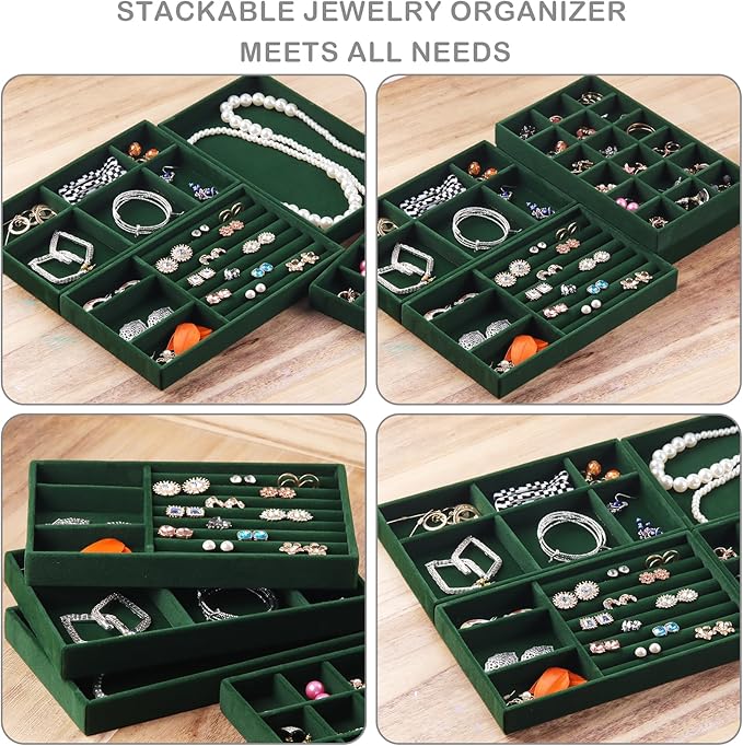 Set of 8 Stackable Jewelry Organizer Stackable Trays for Drawers,Jewelry Drawer Inserts Container Display Case Storage for Earring Necklace Rings Bracelet with Removable Dividers-Green