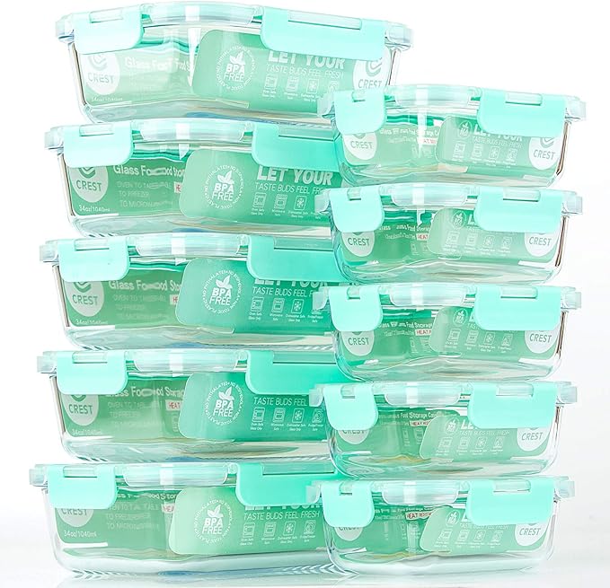C CREST [10-Pack] Glass Food Storage Containers with Lids, Airtight, BPA Free