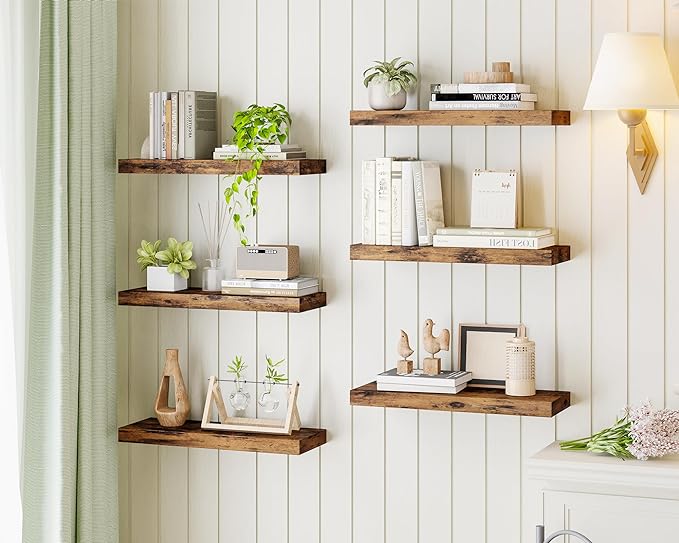 Fixwal 15.7in Floating Shelves, Set of 6 Wood Shelves, Farmhouse Shelf Wall Decor for Bathroom, Bedroom, Living and Kitchen Room (Rustic Brown)