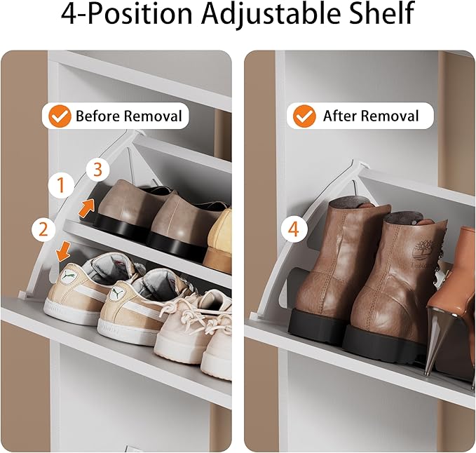 Shoe Cabinet for Entryway, White, 31.5 * 9.37 * 78.74 Inch, 3 Flip Drawers, 3 Shelves, Modern Style