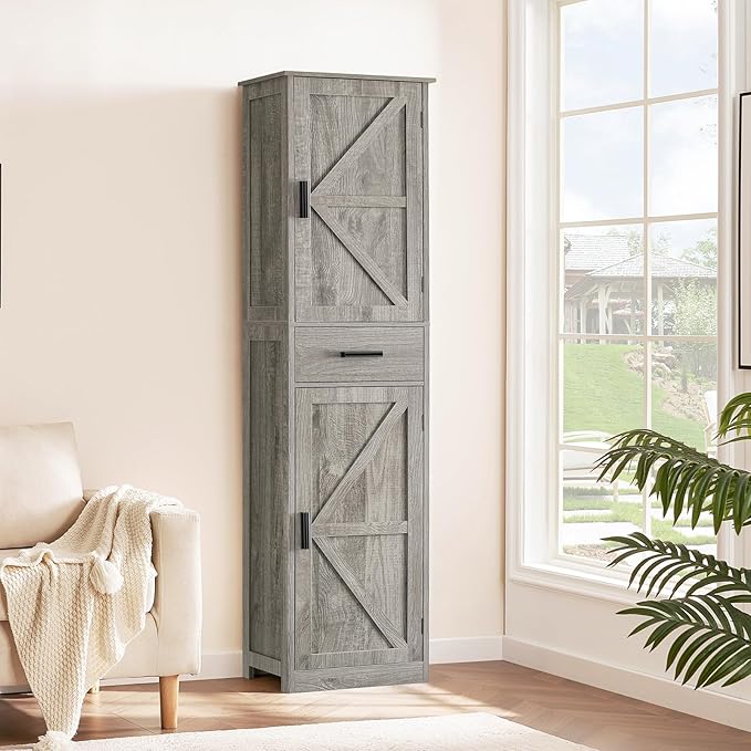 TEENFON Tall Bathroom Cabinet, Storage Cabinet with 6 Shelves & Drawer, Bathroom Storage Cabinet with Adjustable Shelves, Tall Cabinet for Living Room, Home Office, Grey