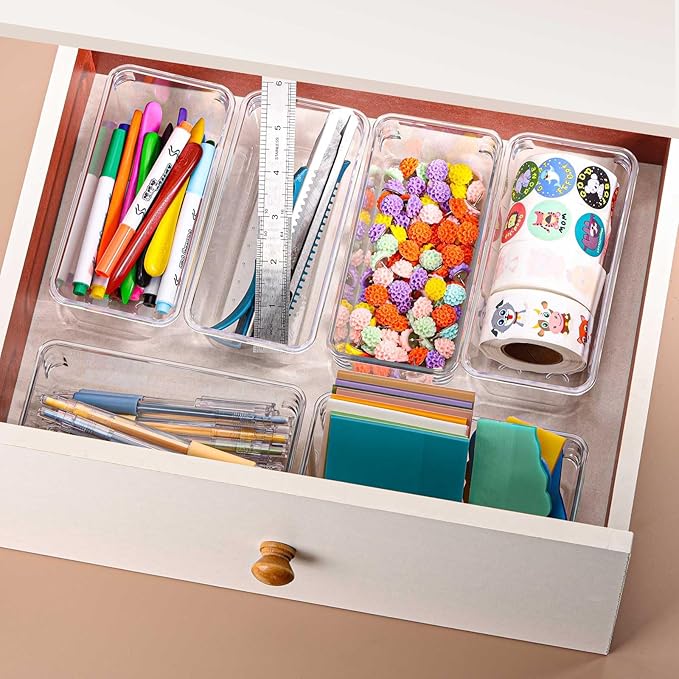 6Pcs Clear Plastic Drawer Organizers Tray 6" x 3" Storage Bins with 25Pcs