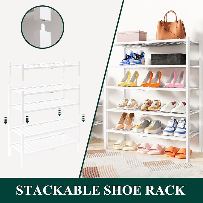 Smiry Bamboo Shoe Rack, 4 Tier Free Standing Wooden Shoe Organizer, Stackable Wood Shoe Storage Shelf for Closet, Entryway, 14 Vertical Slats, 2+2 Stack Heavy-Duty Legs, 26.8"x11"x26", White