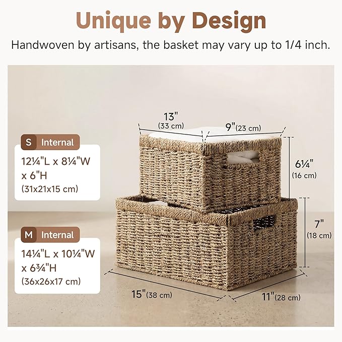 StorageWorks Wicker Storage Baskets, Handwoven Seagrass Basket for Organizing, Decorative Organizers with Built-in Handles, Set of 2