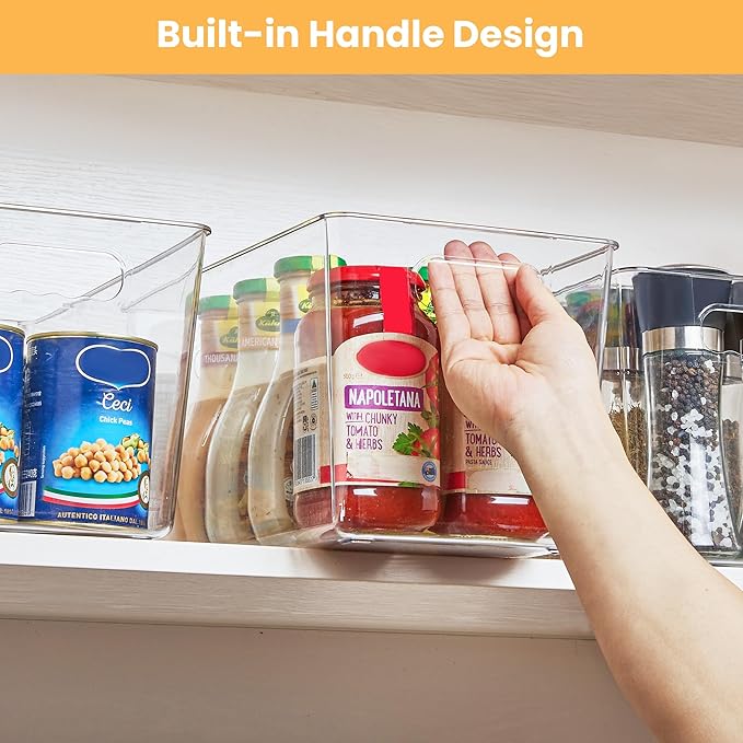 10 Pack Clear Pantry Organizer Bins, Plastic Containers with Handle for Kitchen