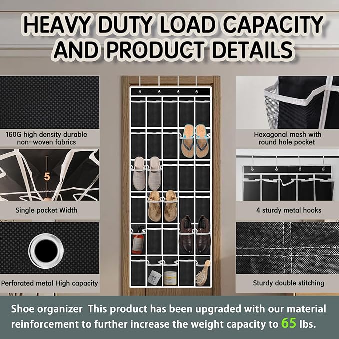 Kotkn Over the Door Shoe Organizer with 30 Breathable Mesh Pockets - Large Capacity Closet Storage for Men & Women, Hanging Shoe Rack Organizer (Solid black)