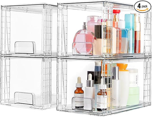Vtopmart 4 Pack Large Stackable Storage Drawers,Easily Assemble Acrylic Bathroom Closet Undersink Organizers and Storage,Plastic Bins for Kitchen Cabinets,Pantry,Makeup,Medicine Organization