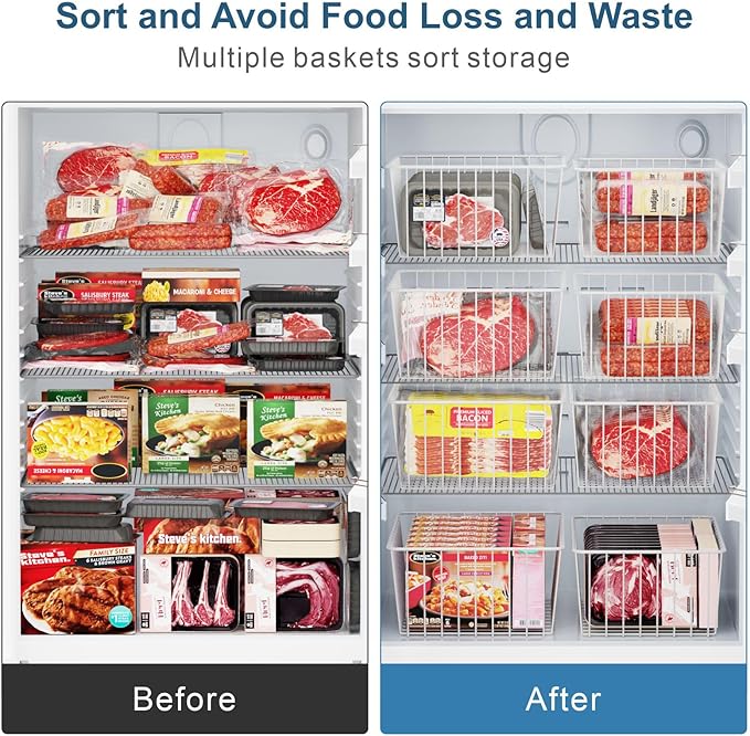 iSPECLE Freezer Organizer Bins - 4 Pack Upright Freezer Baskets for 17/21 Cu.Ft Stand Up Freezer, Wire Storage for Reach-In Freezer, Slide-Out Access, Prevents Items Falling, 2 Large 2 Medium, White
