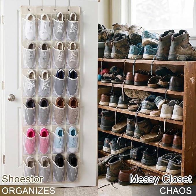 Over the Door Shoe Organizer Cotton Material 24 Large Breathable Mesh Pockets