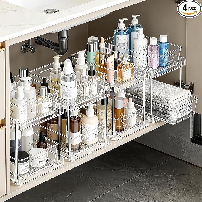 2 Tier Under Sink Organizer Bathroom Organizers and Storage, Clear Stackable Bathroom Cabinet Organizer, Multipurpose Pull-Out Home Organizer for Kitchen and Pantry Storage 4 Pack