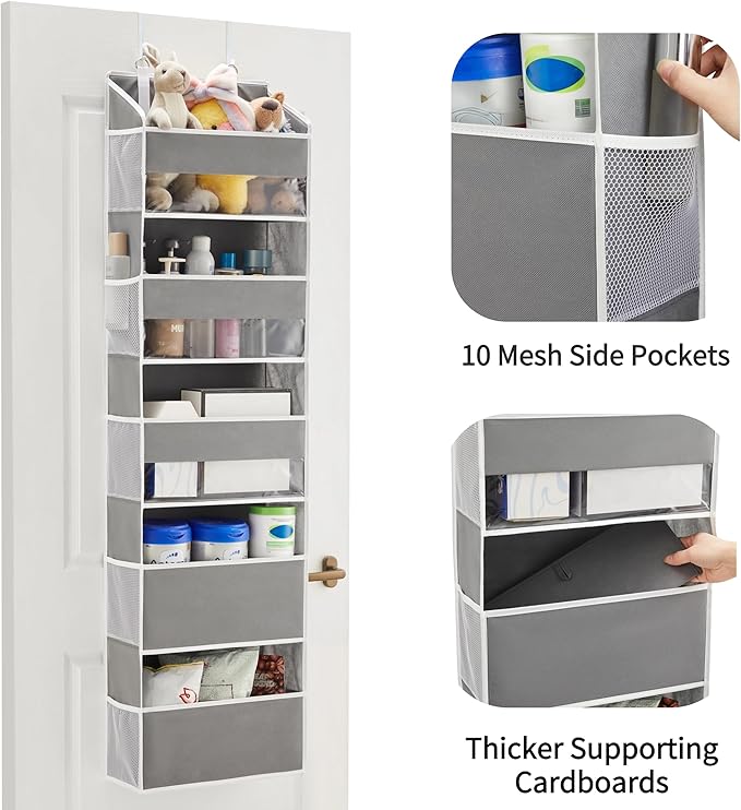 5 Tiers Over The Door Organizer Hanging - EXTRA THICK & 50lbs HUGE CAPACITY, 10 Side Mesh Pockets Over The Door Shoe Organizer, for Closet, Diaper Organizer, Bedroom, Bathroom,Nursery (Grey, 1pc)