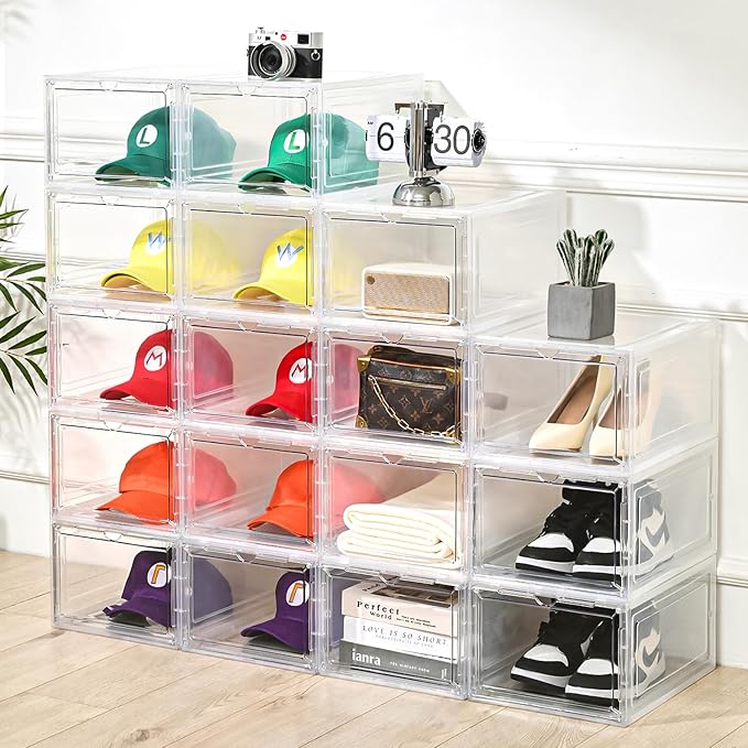 4 Pack Clear Hat Storage Box, Stackable with Magnetic Door, Holds 8 Hats Each