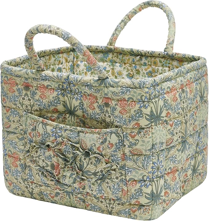 Quilted Fabric Storage Baskets with Handles, Boho Floral Gift Basket Foldable Organizer Bin for Home Decor, Picnic, Travel 12''x10''x10'' (Light Green)