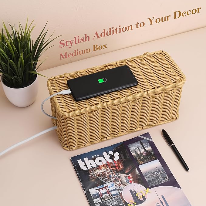 Large Cable Management Box, Handwoven Imitation Rattan Cord Organizer Cord Hider Box, Cable Organizer Box for Desk, Cord Management Box to Hide Cords and Power Strips 13.5" L x 6.2" W x 6" H, Brown