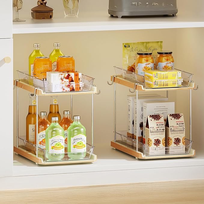 2 Tier Under Sink Organizer Bathroom, Wood Grain, 4 Pack