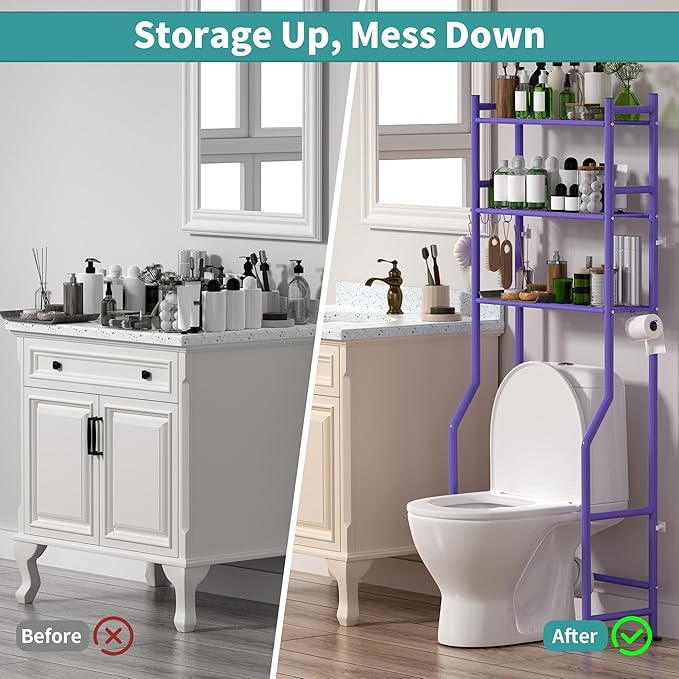 3-Tier Over The Toilet Storage Organizer, Space-Saving Bathroom Rack with Paper Holder & 4 Hooks, 64" Tall Freestanding Carbon Steel Shelf for Small Apartment Laundry Room (Purple)
