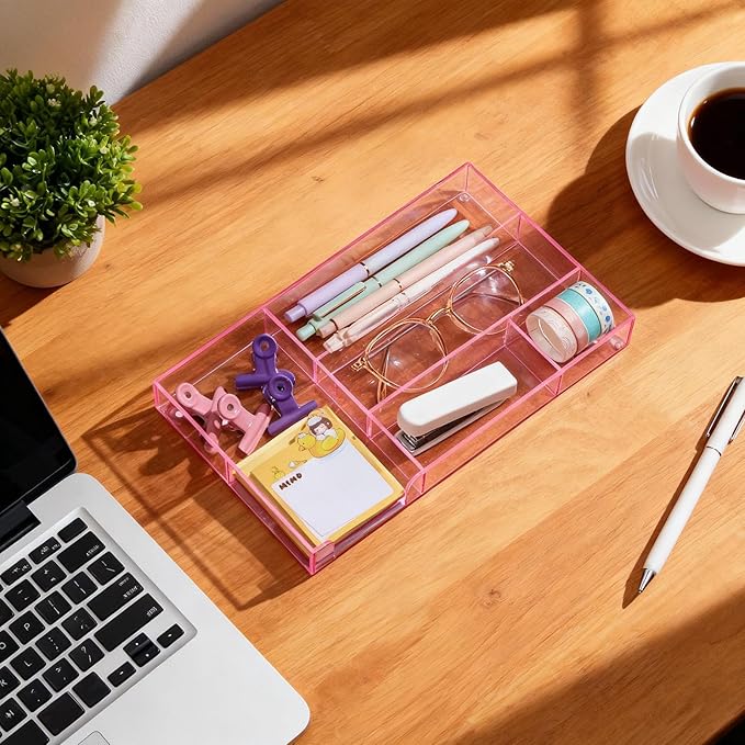 Briwooody Translucent Pink Acrylic Desk Drawer Organizer 11 x 6.1 x 1.38 Inch Storage Tray Organizer for Pens, Stationery, Desktop, Office, Bathroom, Kitchen, Makeup Supplies (6 Compartments)