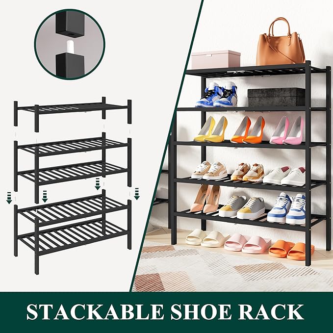 Smiry Bamboo Shoe Rack, 3 Tier Free Standing Wooden Shoe Organizer, Stackable Wood Shoe Storage Shelf for Closet, Entryway, 14 Vertical Slats, 2+1 Stack Heavy-Duty Legs, 26.8"x11"x19.5", Black