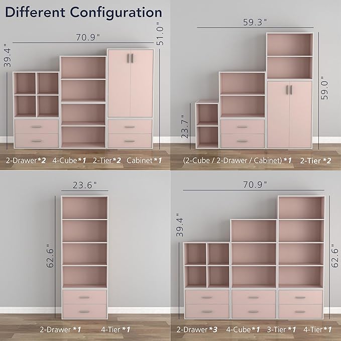 Homes: Inside + Out Apexa 6-Cube Storage Organizer Shelves, Stackable Wood Bookcase Fits Cubby Bins for Organization, Dorm Teen Room Decor & Home Office, Light Pink