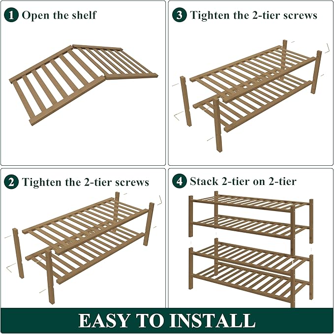 Smiry Bamboo Shoe Rack for Closet, 4 Tier Wooden Shoe Organizer, Stackable Wood Shoe Storage Shelf for Entryway, 14 Vertical Slats, 2+2 Stack Heavy-Duty Legs, 26.77"x11.02"x25.98", Walnut