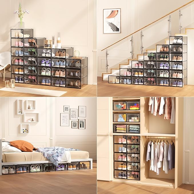 12 Pack XXX-Large Clear Shoe Storage Boxes, Stackable Modular Plastic Shoe Organizer Front-Opening Door, Fits up to US Size 9 to13, Ventilated Dust-Proof Sneaker Display Cases Closet, Entryway, Black
