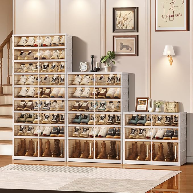 CIMLORD 6-Tier Foldable Shoe Rack Organizer for Closet, 18 Pairs Collapsible Plastic Shoe Shelf, Large Shoes Cabinet with Door, Clear Stackable Storage Box Easy Assembly White