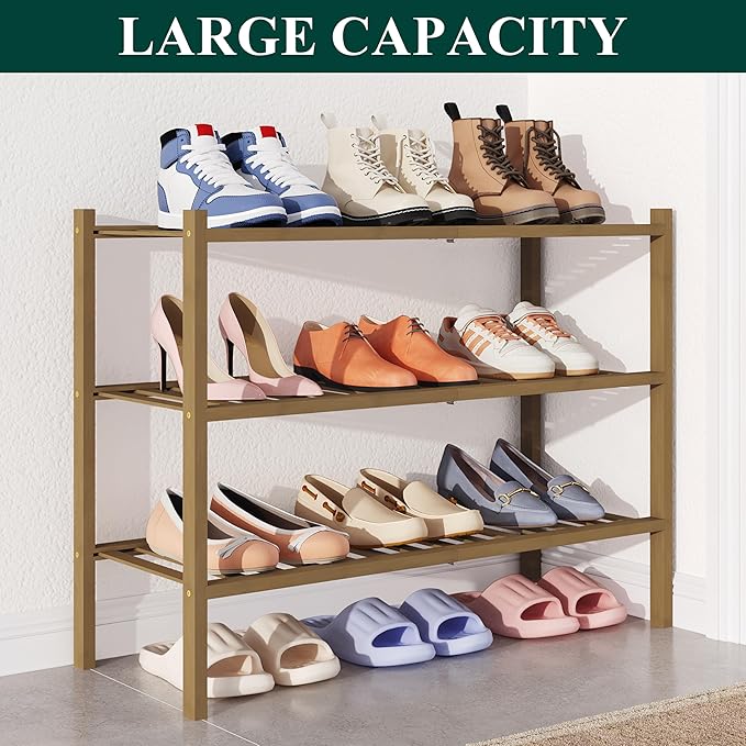 Smiry Bamboo Shoe Rack for Closet, 3 Tier Wooden Shoe Organizer, Stackable Wood Shoe Storage Shelf for Entryway, 14 Vertical Slats, One-piece Heavy-Duty Legs, 26.77"x11.02"x18.31", Walnut