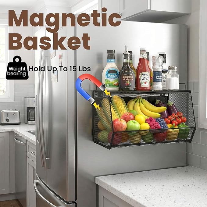 1 SET Magnetic Shelf for Fridge with Lid, Fruit Potato and Onion Storage Bins, Pantry Organizers and Storage, Large Container Magnetic Spice Rack for Refrigerator, Kitchen Counter & Cabinet