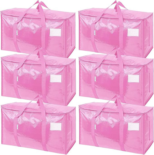 TICONN 6 Pack Extra Large Moving Bags Heavy Duty with Zippers & Carrying Handles, Durable Storage Bags Moving Boxes for Closet Organizers and Storage (6 Pack, Pink)