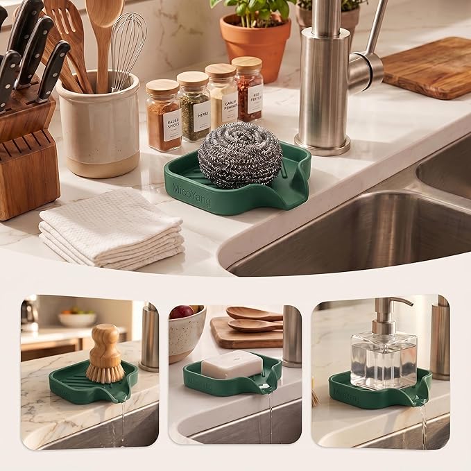 MicoYang Silicone Soap Dish with Drain Spout — Self-Draining Sink Organizer Tray for Bathroom & Kitchen, Holds Bar Soap, Sponges & Dispensers, Non-Slip & Dishwasher Safe, Green (Small, 4.9"×3.2")