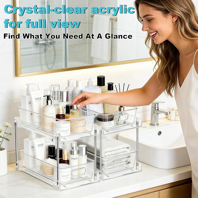 2 Tier Under Sink Organizer Bathroom Organizers and Storage, Clear Stackable Bathroom Cabinet Organizer, Multipurpose Pull-Out Home Organizer for Kitchen and Pantry Storage 4 Pack