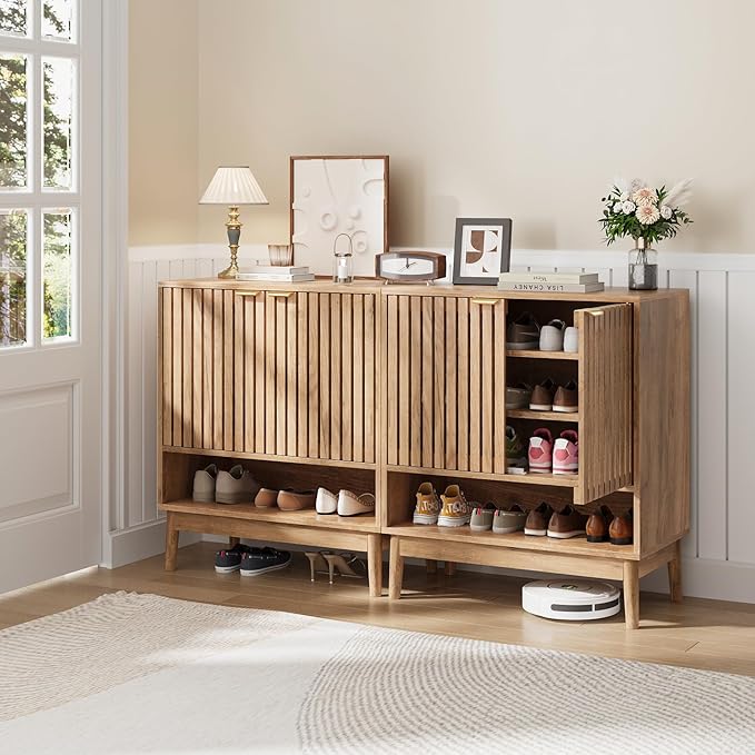 Kiasthome Shoe Storage Cabinet with Adjustable Shelves, Wooden Shoe Organizer, Shoes Rack for Entryway, Hallway, Living Room (Natural Wood, 27.56" W)
