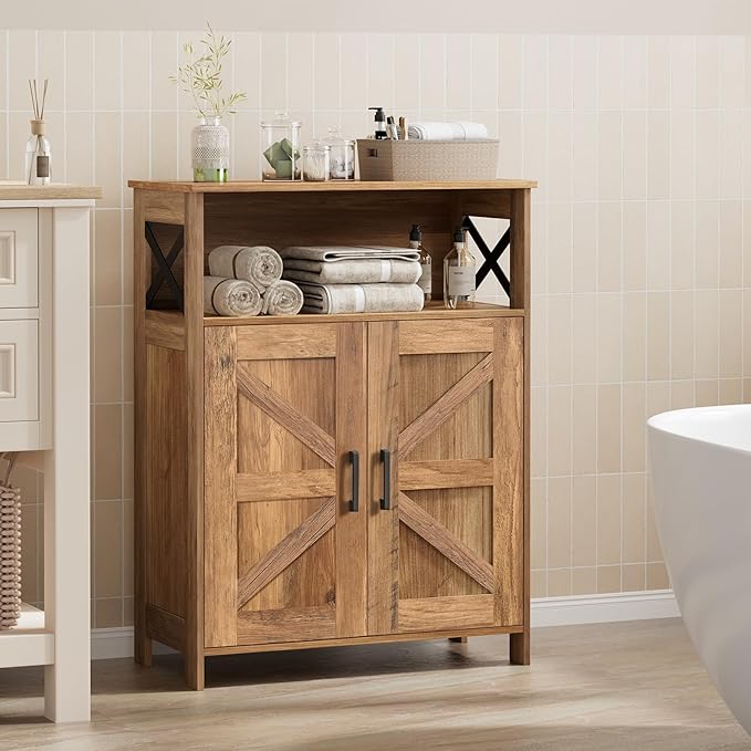 Homhedy Farmhouse Bathroom Storage Cabinet with 2 Doors, Toilet Paper Cabinet with Adjustable Shelf, Small Bathroom Cabinet for Kitchen/Laundry/Living Room, 11.8 x 23.6 x 31.5 Inches, Rustic Walnut