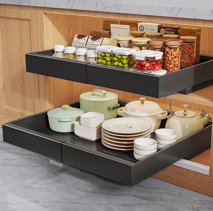 2 Pack Pull Out Cabinet Organizers 16.5" Deep With Raising Pad for Framed