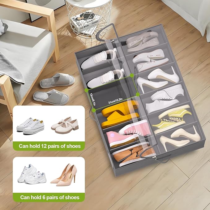 Under Bed Shoe Storage with Wheels, Fits 24 Pairs, Grey