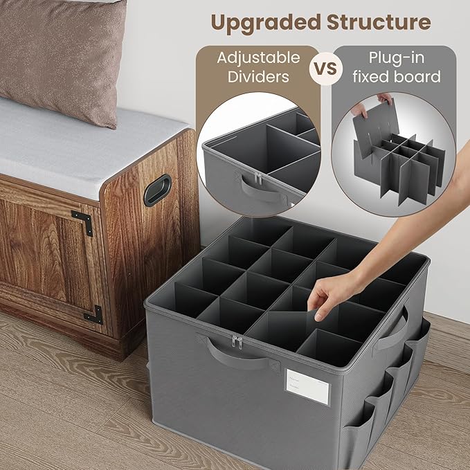 Varhomax Foldable Shoe Organizer Box, Fabric Storage Bin with Clear Cover & Adjustable Dividers, Holds up 16-32 Pairs of Sneakers & Sandals for Closet, Entryway (Gray)