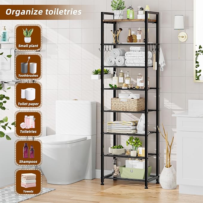 Simple Trending 8 Tiers Shoe Rack 16 Pairs Tall Wooden Plank Shoe Shelf with Hooks for Closet Entryway Organizer Sturdy Free Standing Shoe Storage Cabinet，Black