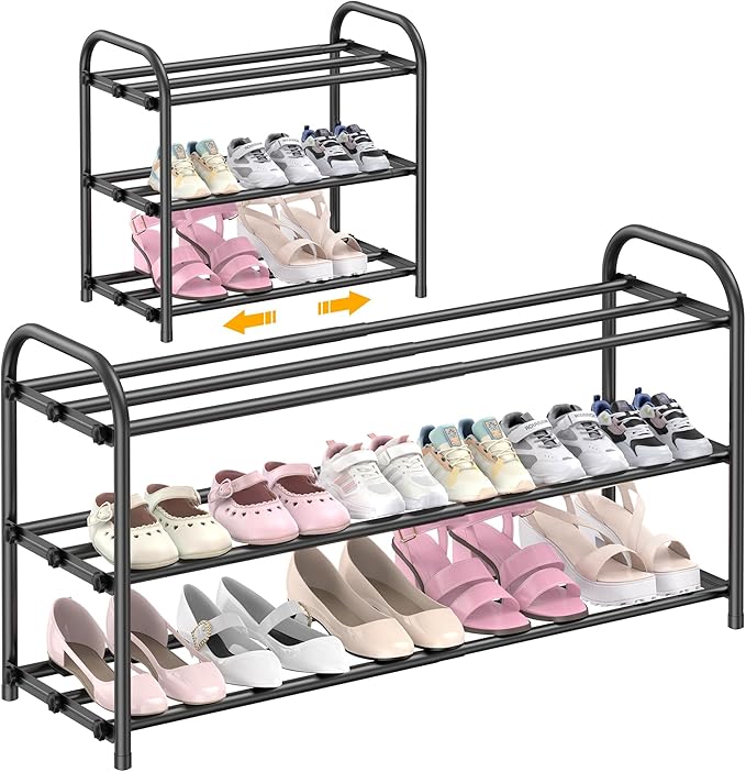 Hleelomi 3-Tier Expandable Shoe Rack,Adjustable Shoe Shelf Storage Organizer Heavy Duty Metal Free Standing Shoe Rack for Entryway, Closet,Living Room,Dorm,Black