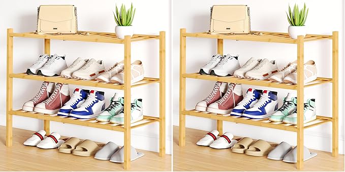 Smiry Shoe Rack, 3 Tier Bamboo Shoe Organizer, Stackable Free Standing Wooden Shoe Storage Shelf for Closet, Entryway, Front Door Entrance, Natural (Pack of 2)