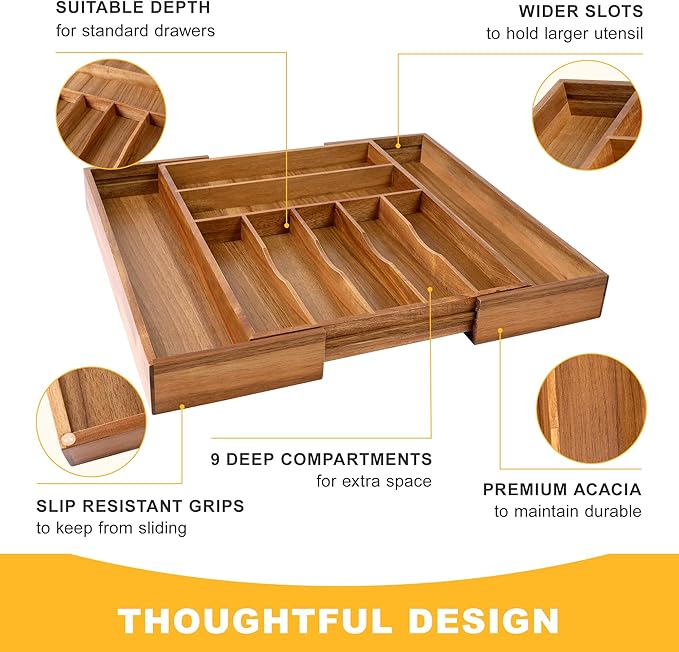 Large Premium Acacia Silverware Organizer