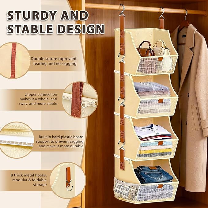 Fabric 4 Tier Hanging Closet Organizers Heavy Duty Shelf Hanging Storage Towel Clothes Sweater Jeans Bag Organizer For Closet For Bedroom,Dorm,RV,See Through Front Panel, Space-Saving (Beige-4Tier)