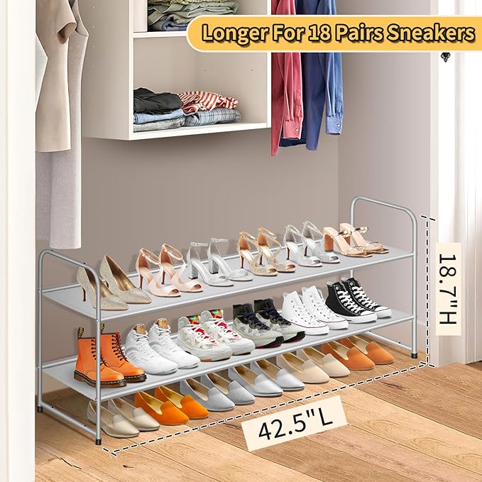 SLEEPING LAMB 2-Tier Long Shoe Rack Organizer for Closet, Stackable Wide Shoe Shelf Holds 18-Pairs Low Shoe Storage for Bedroom, Floor, Entryway (Grey)