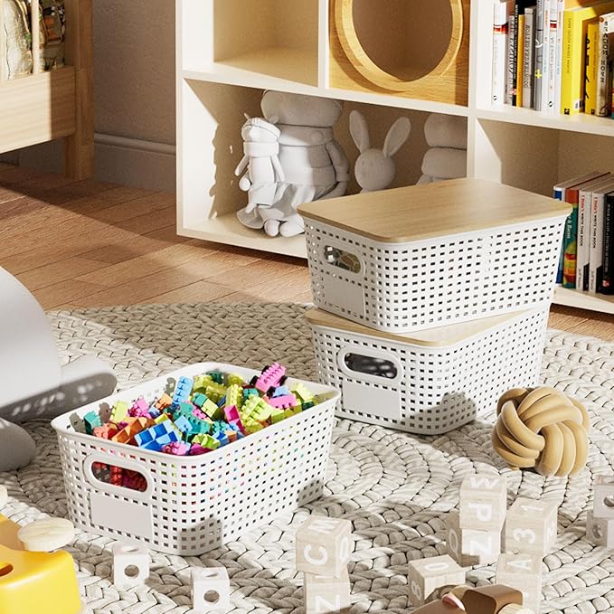 6Pcs Storage Bins with Lids, Stackable Plastic Storage Basket with Bamboo Lid, Pantry Organizer Box Small Containers for Organizing Shelves Drawer Desktop Closet Cabinet Office Classroom 10x7.1x4.1in
