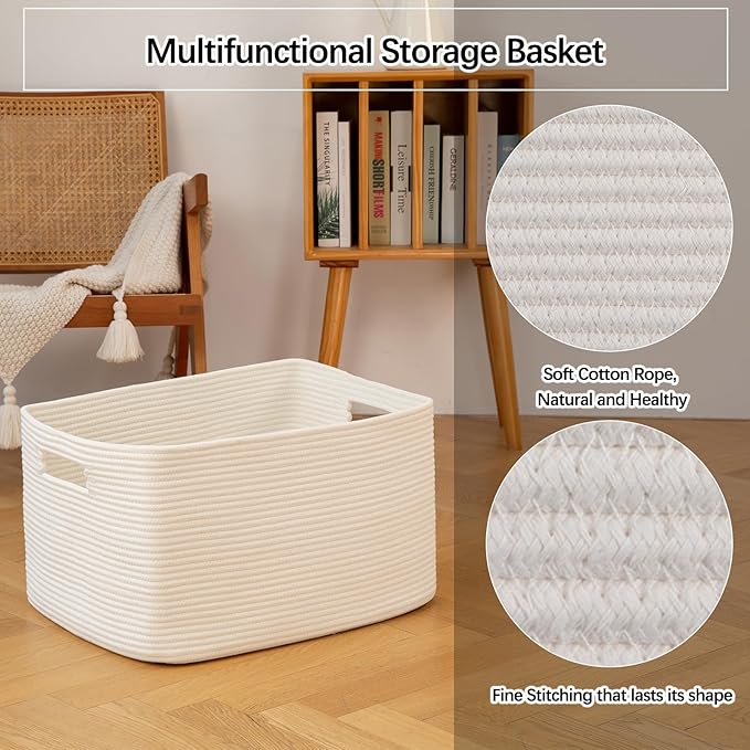 XXLarge Rectangle Blanket Basket-96L, Cotton Woven Basket for Storage, White