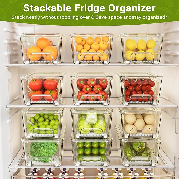Imncya 5 Pack Fridge Organizer Bins, Clear Stackable Pull Out Refrigerator Drawer Organizer, Fridge Organizers and Storage Container for Fruits, Vegetables, Drinks, Food