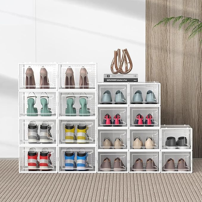 12 Pack XXX-Large Clear Shoe Storage Boxes, Stackable Modular Plastic Shoe Organizer Front-Opening Door, Fit up to US Size 9 to13, Ventilated Dust-Proof Sneaker Display Case Closet, Entryway, White